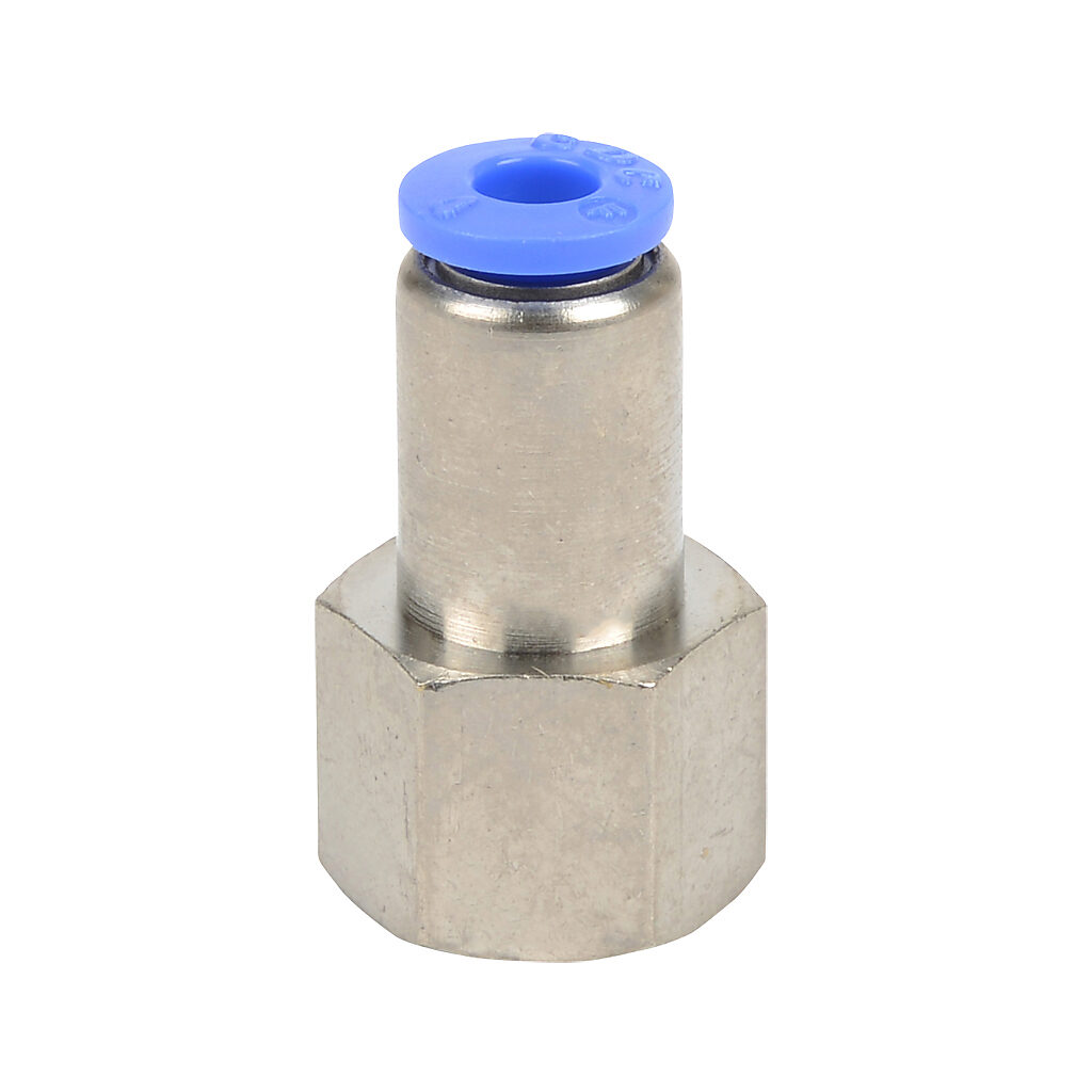 FS4M-18R - NITRA pneumatic push-to-connect fitting, straight, nickel-plated brass body, nickel-plated brass threads, (1) R1/8 female BSPT to (1) 5/32in (4mm) push-to-connect. Package of 5.