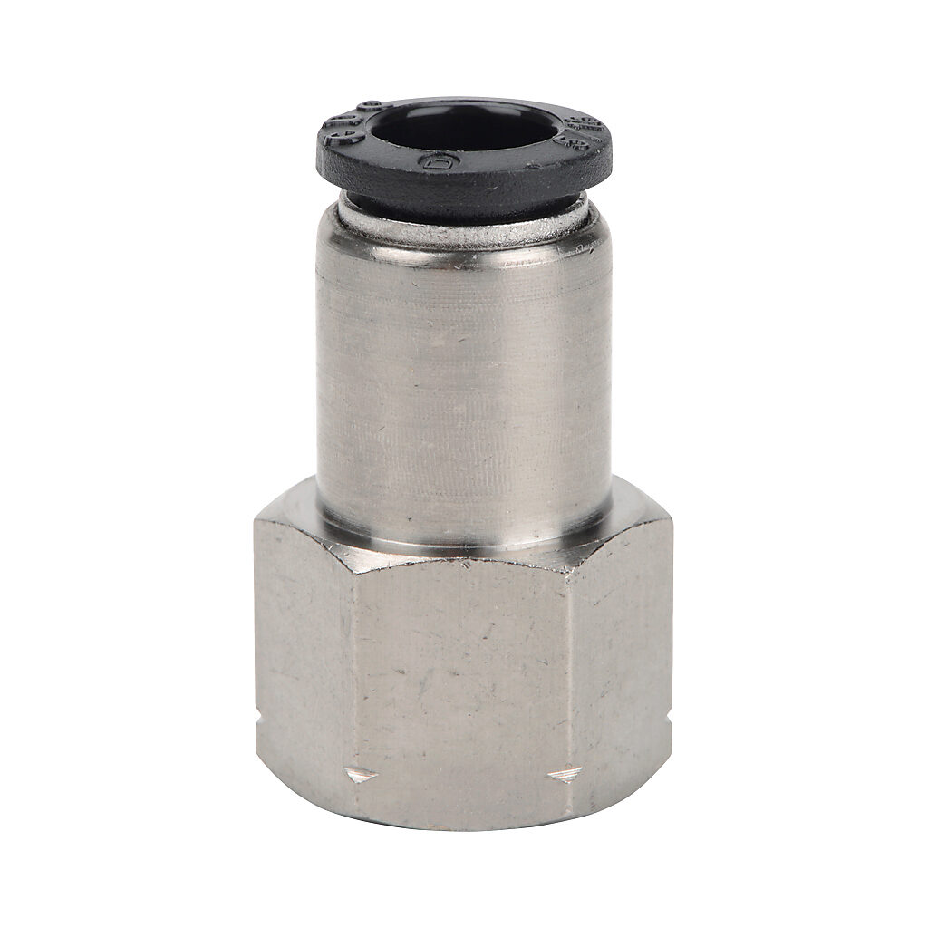 FS516-14N - NITRA pneumatic push-to-connect fitting, straight, nickel-plated brass body, nickel-plated brass threads, (1) 1/4in female NPT to (1) 5/16in (8mm) push-to-connect. Package of 5.