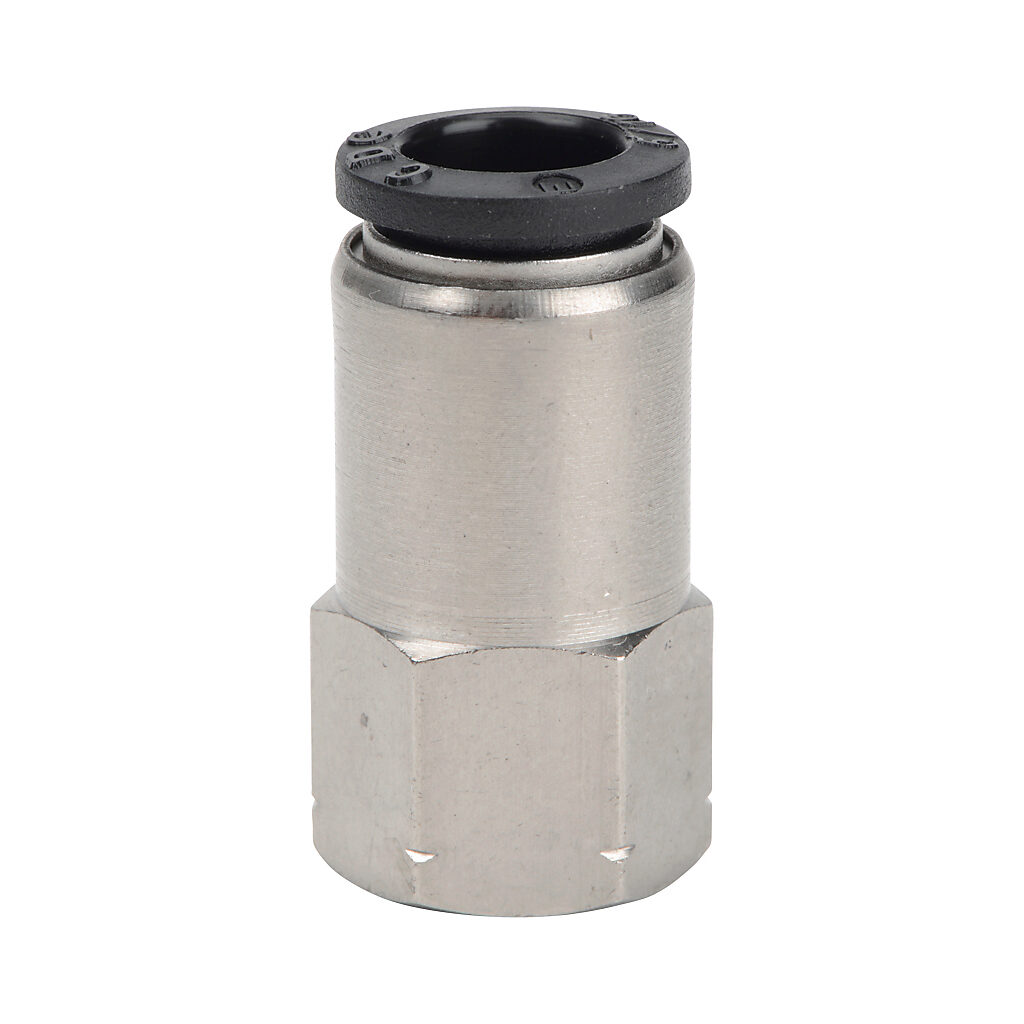 FS516-18N - NITRA pneumatic push-to-connect fitting, straight, nickel-plated brass body, nickel-plated brass threads, (1) 1/8in female NPT to (1) 5/16in (8mm) push-to-connect. Package of 5.