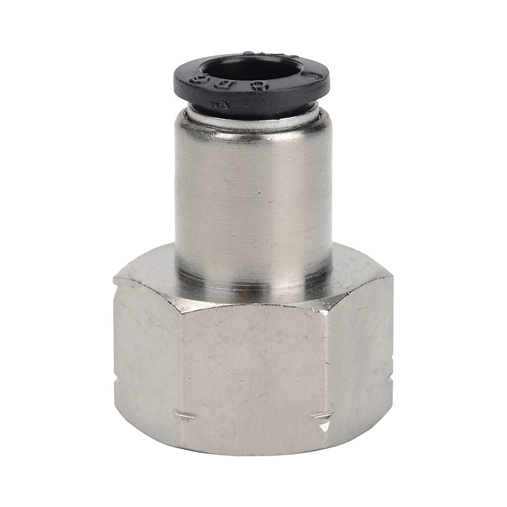 FS516-38N - NITRA pneumatic push-to-connect fitting, straight, nickel-plated brass body, nickel-plated brass threads, (1) 3/8in female NPT to (1) 5/16in (8mm) push-to-connect. Package of 5.
