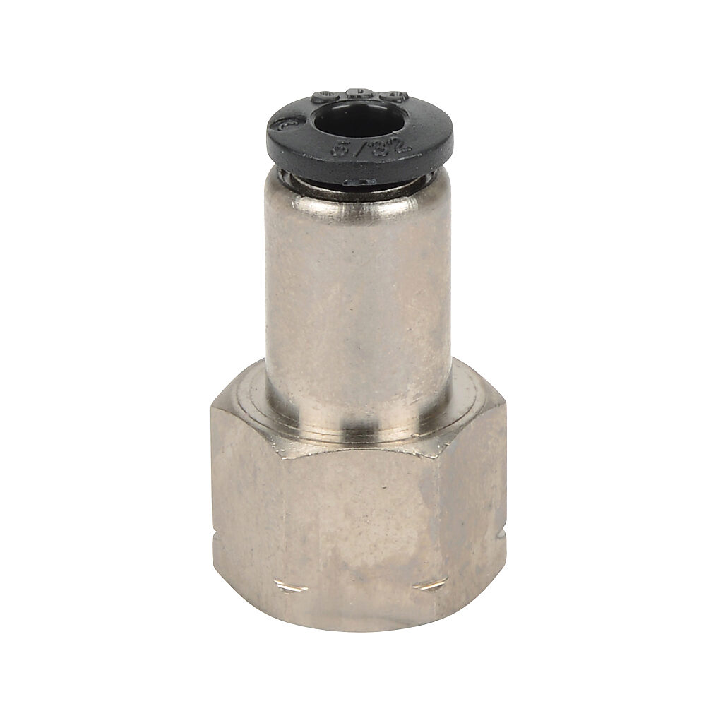 FS532-18N - NITRA pneumatic push-to-connect fitting, straight, nickel-plated brass body, nickel-plated brass threads, (1) 1/8in female NPT to (1) 5/32in (4mm) push-to-connect. Package of 5.