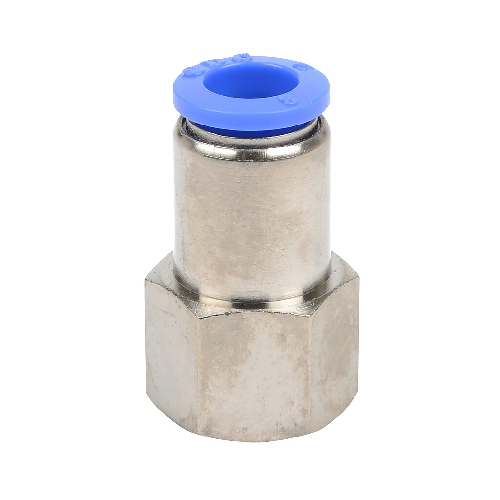 FS8M-14R - NITRA pneumatic push-to-connect fitting, straight, nickel-plated brass body, nickel-plated brass threads, (1) R1/4 female BSPT to (1) 5/16in (8mm) push-to-connect. Package of 5.