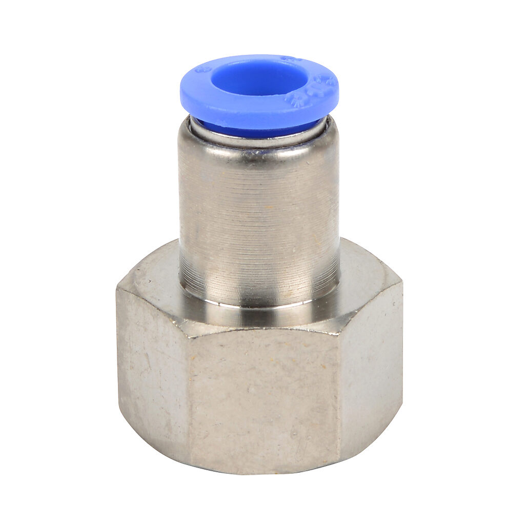 FS8M-38R - NITRA pneumatic push-to-connect fitting, straight, nickel-plated brass body, nickel-plated brass threads, (1) R3/8 female BSPT to (1) 5/16in (8mm) push-to-connect. Package of 5.