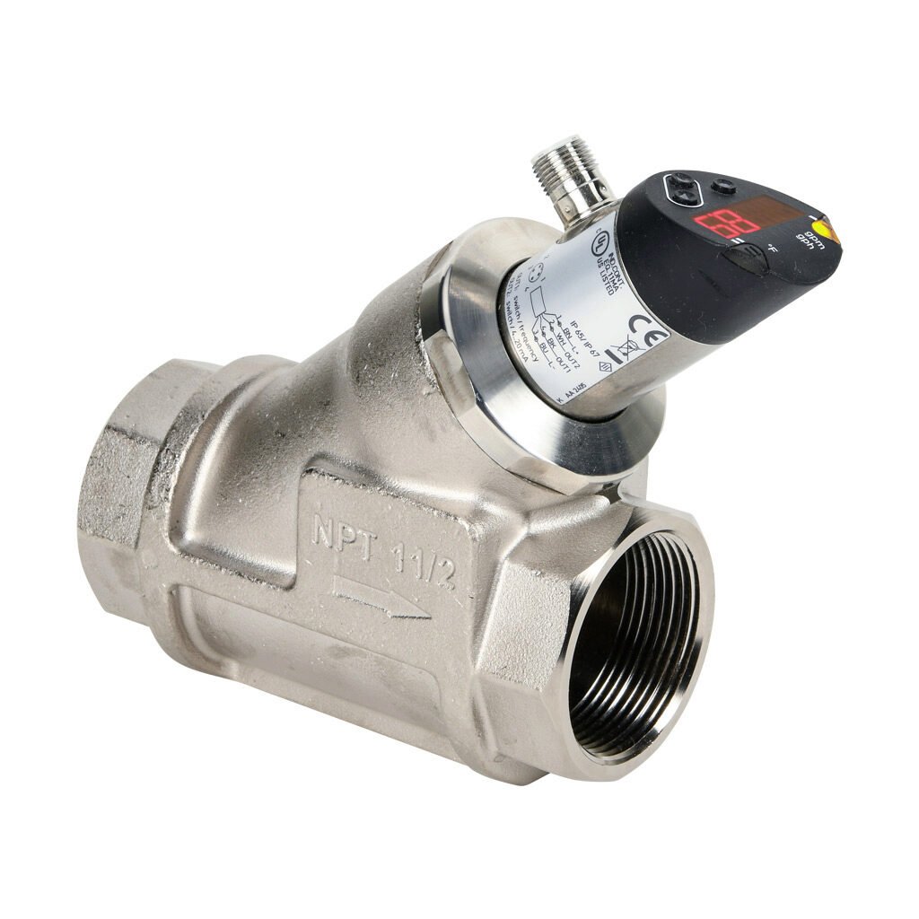 FSC15-00-42-50H - ProSense liquid digital flow sensor, spring-supported piston, 1-1/2in female NPT process connection, 0 to 50 GPM, 14 to 212 deg F, Output: switch or frequency, Output 2: switch or current, 18-30 VDC operating voltage.