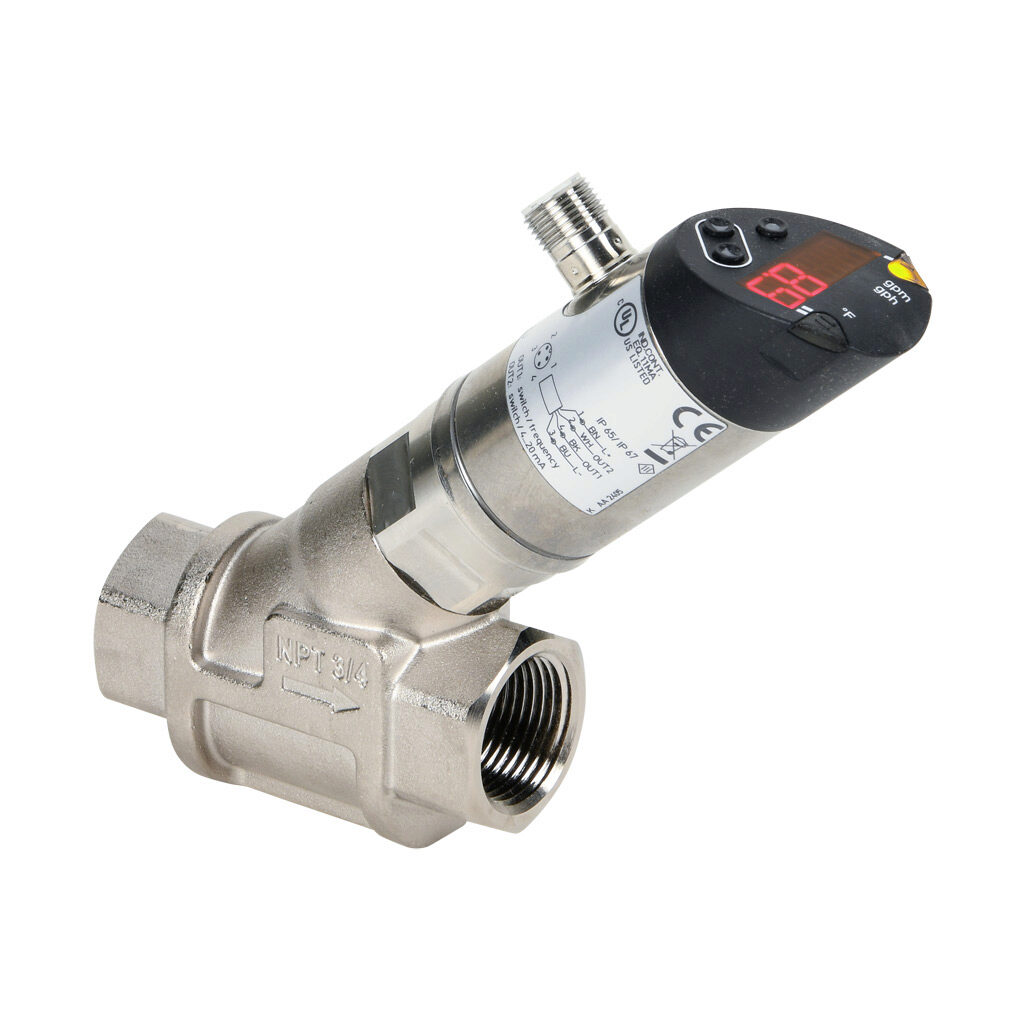 FSC75-00-42-10H - ProSense liquid digital flow sensor, spring-supported piston, 3/4in female NPT process connection, 0 to 10 GPM, 14 to 212 deg F, Output: switch or frequency, Output 2: switch or current, 18-30 VDC operating voltage.
