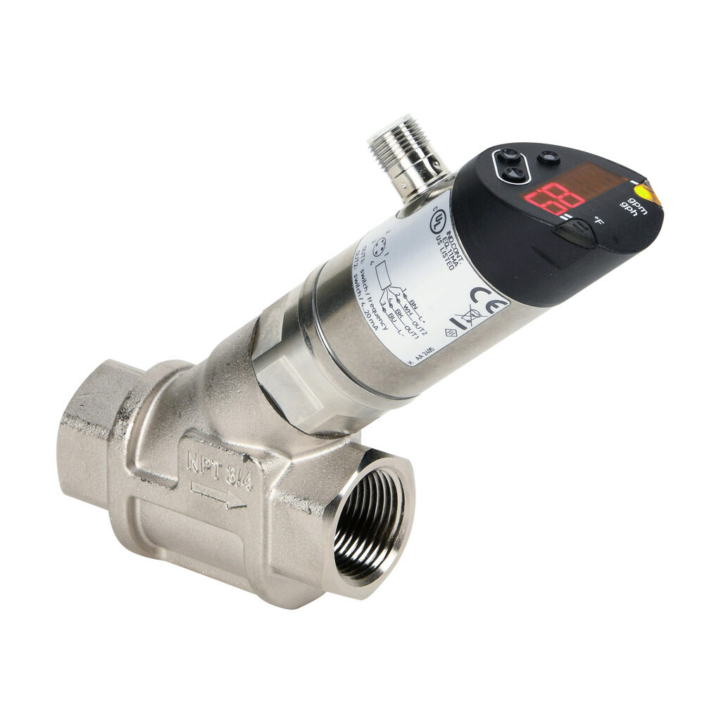 FSC75-00-42-6H - ProSense liquid digital flow sensor, spring-supported piston, 3/4in female NPT process connection, 0 to 6 GPM, 14 to 212 deg F, Output: switch or frequency, Output 2: switch or current, 18-30 VDC operating voltage.