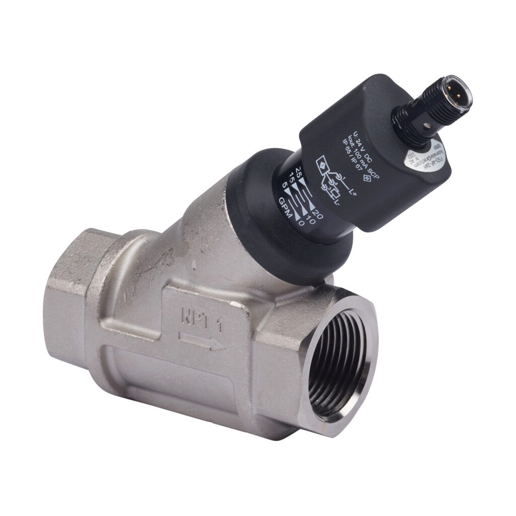 FSD1-AP-26H - ProSense liquid flow switch, spring-supported piston, 1in female NPT process connection, 1.32 to 26.4 GPM, Output: switch PNP, N.O., 20.4 to 26.4 VDC operating voltage.