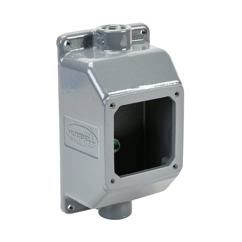 FT202WA - Bryant feed through back box, (2) 3/4in female NPT conduit entries, cast aluminum housing, gray. For use with Bryant 20A and 30A devices. Requires AP2030 adapter plate.