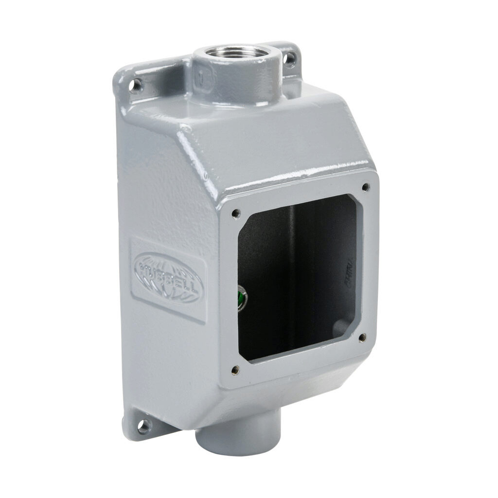 FT302WA - Bryant feed through back box, (2) 1in female NPT conduit entries, cast aluminum housing, gray. For use with Bryant 20A and 30A devices. Requires AP2030 adapter plate.