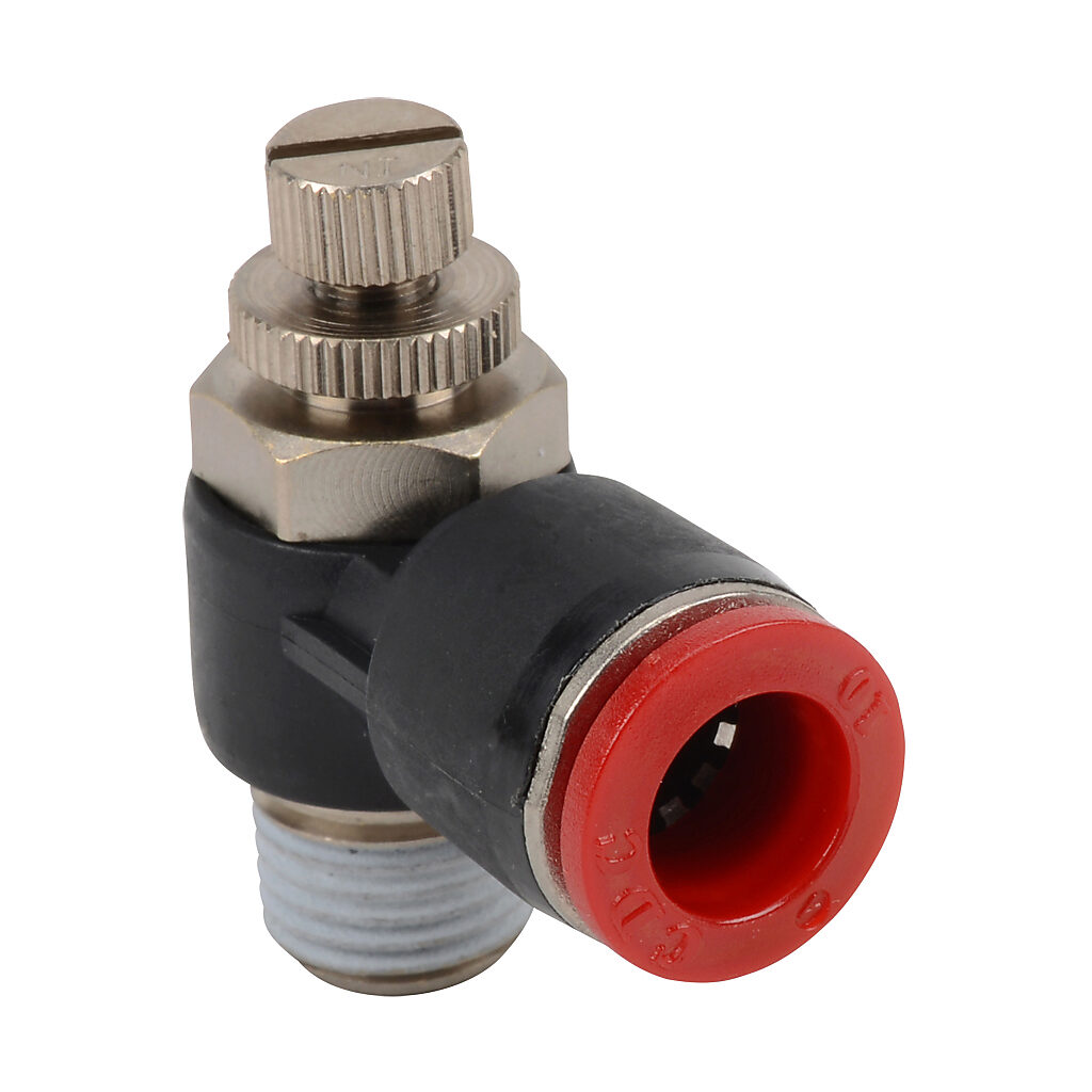 FVR10M-14R - NITRA pneumatic push-to-connect fitting, elbow flow control valve, rotating, meter-in, thermoplastic (PBT) body, nickel-plated brass threads, (1) R1/4 male BSPT to (1) 10mm push-to-connect. Package of 2.