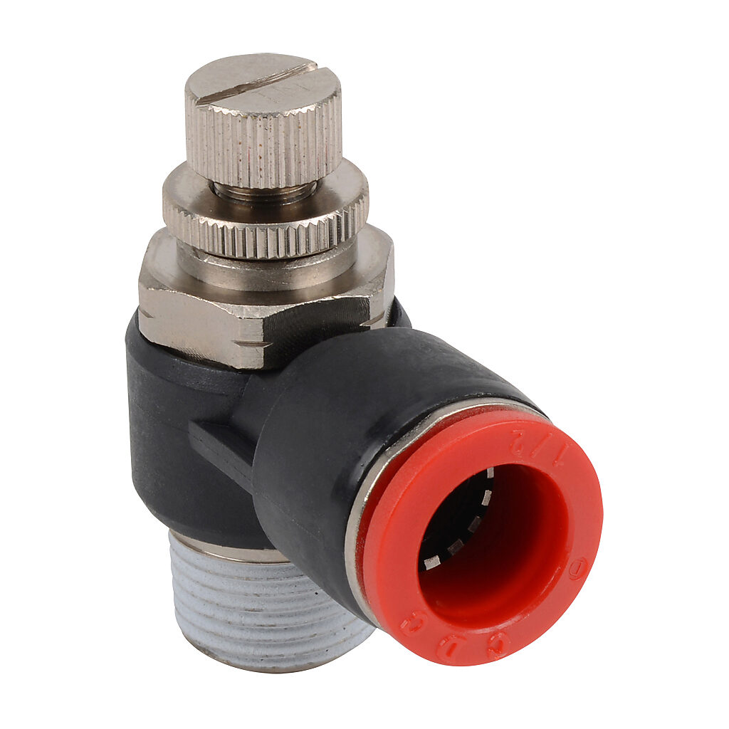 FVR12-38N - NITRA pneumatic push-to-connect fitting, elbow flow control valve, rotating, meter-in, thermoplastic (PBT) body, nickel-plated brass threads, (1) 3/8in male NPT to (1) 1/2in push-to-connect. Package of 2.