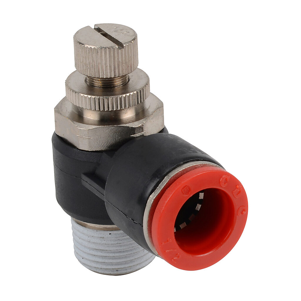 FVR12M-38R - NITRA pneumatic push-to-connect fitting, elbow flow control valve, rotating, meter-in, thermoplastic (PBT) body, nickel-plated brass threads, (1) R3/8 male BSPT to (1) 12mm push-to-connect. Package of 2.