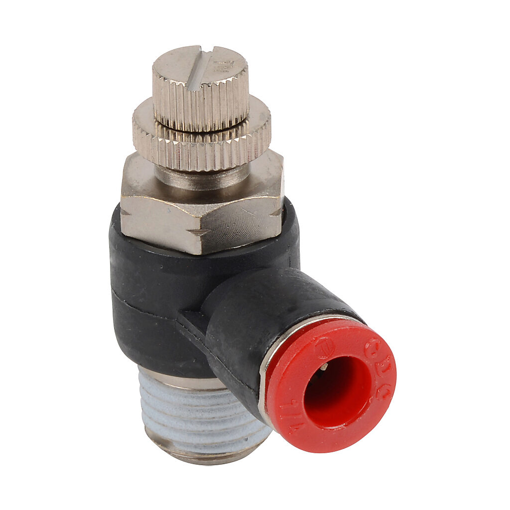 FVR14-14N - NITRA pneumatic push-to-connect fitting, elbow flow control valve, rotating, meter-in, thermoplastic (PBT) body, nickel-plated brass threads, (1) 1/4in male NPT to (1) 1/4in push-to-connect. Package of 2.
