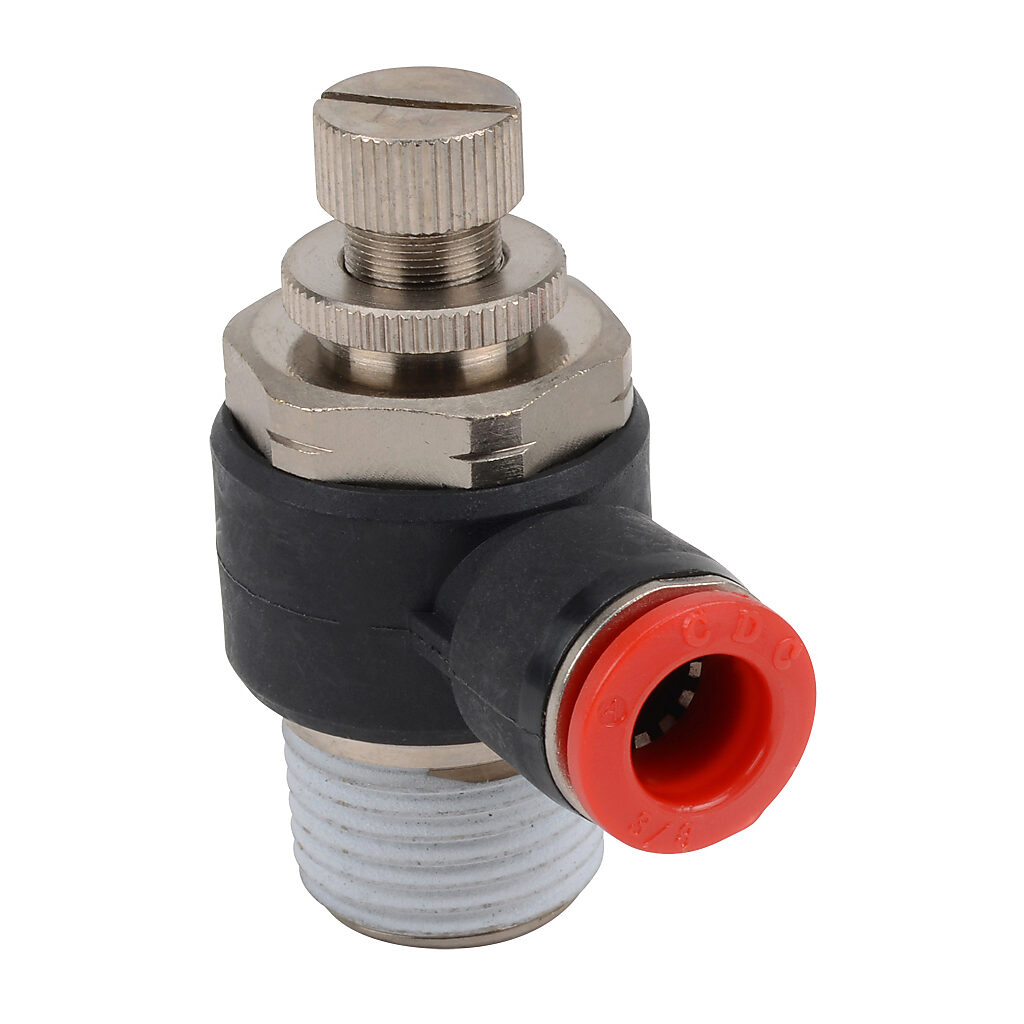 FVR38-12N - NITRA pneumatic push-to-connect fitting, elbow flow control valve, rotating, meter-in, thermoplastic (PBT) body, nickel-plated brass threads, (1) 1/2in male NPT to (1) 3/8in push-to-connect. Package of 2.