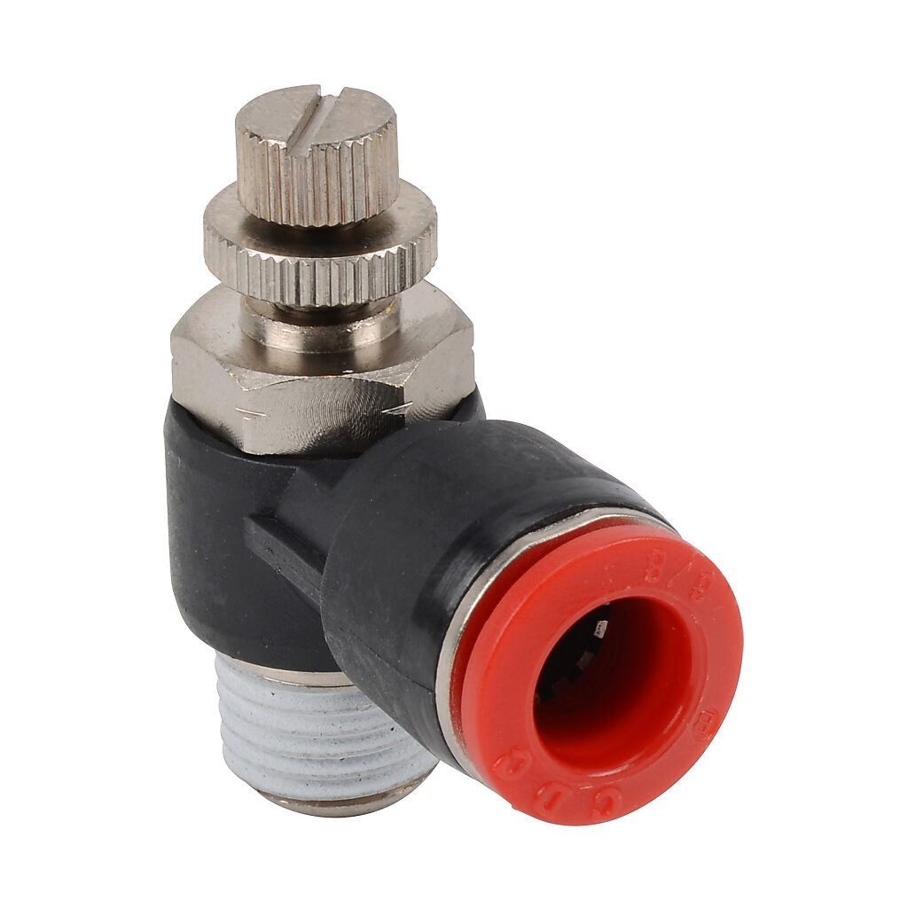 FVR38-14N - NITRA pneumatic push-to-connect fitting, elbow flow control valve, rotating, meter-in, thermoplastic (PBT) body, nickel-plated brass threads, (1) 1/4in male NPT to (1) 3/8in push-to-connect. Package of 2.