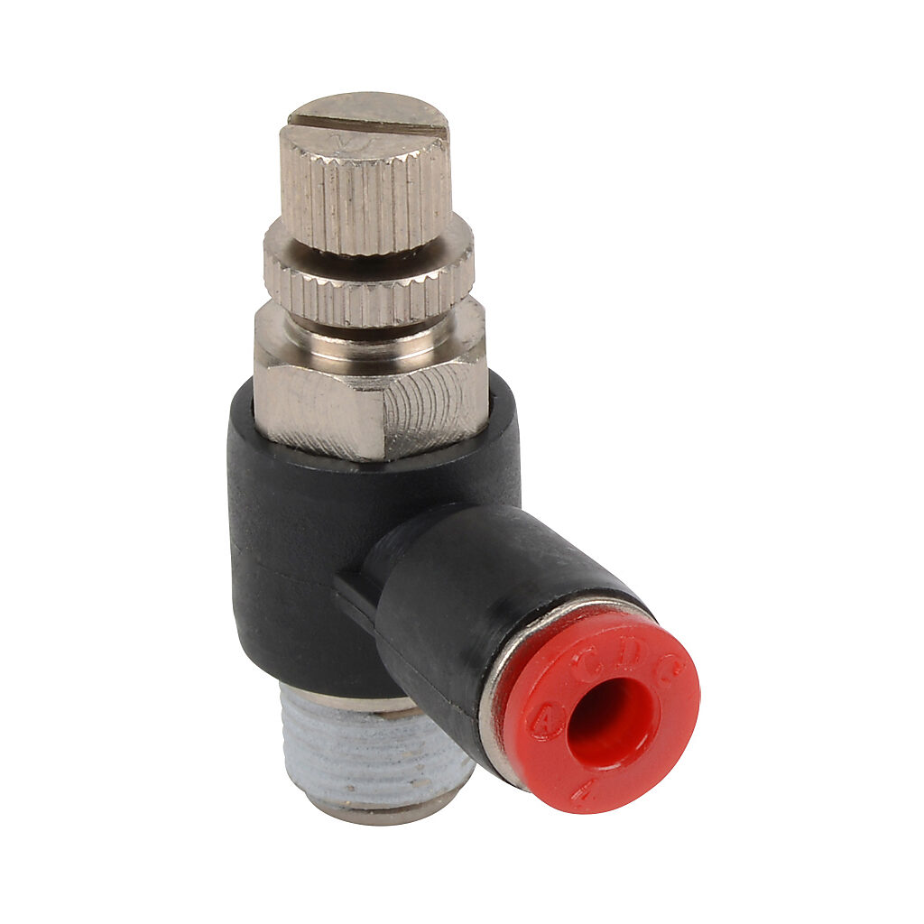 FVR4M-18R - NITRA pneumatic push-to-connect fitting, elbow flow control valve, rotating, meter-in, thermoplastic (PBT) body, nickel-plated brass threads, (1) R1/8 male BSPT to (1) 5/32in (4mm) push-to-connect. Package of 2.