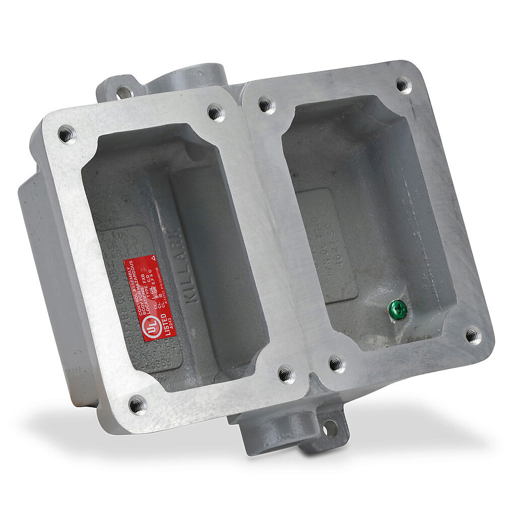 FXB-10 - Killark device/splice box, feed through, (2) gang, factory sealed, (2) 1/2in female NPT conduit entries, aluminum. Use with FXCS series factory sealed cover assemblies for hazardous locations.