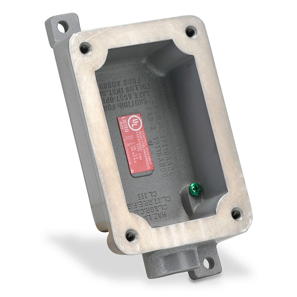 FXB-2 - Killark device/splice box, dead end, (1) gang, factory sealed, (1) 3/4in female NPT conduit entries, aluminum. Use with FXCS series factory sealed cover assemblies for hazardous locations.