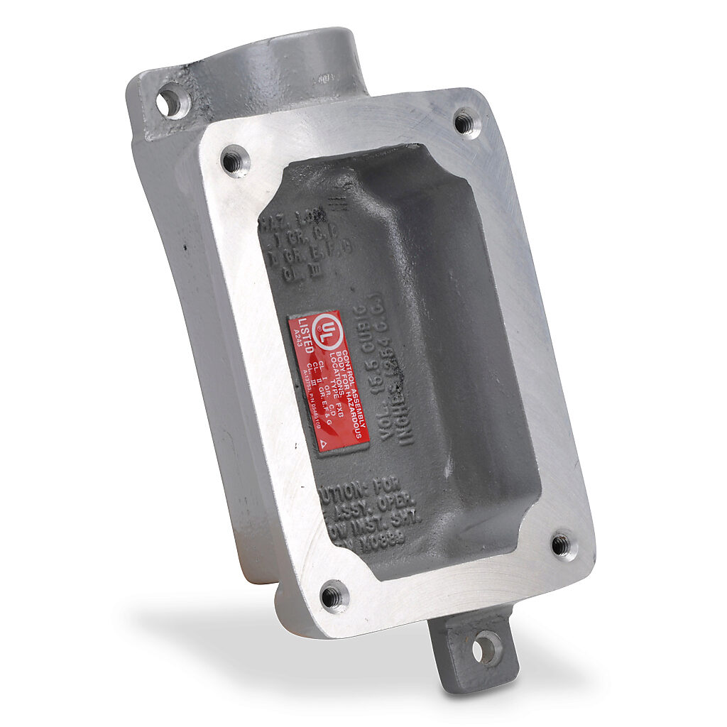 FXB-3 - Killark device/splice box, dead end, (1) gang, factory sealed, (1) 1in female NPT conduit entries, aluminum. Use with FXCS series factory sealed cover assemblies for hazardous locations.