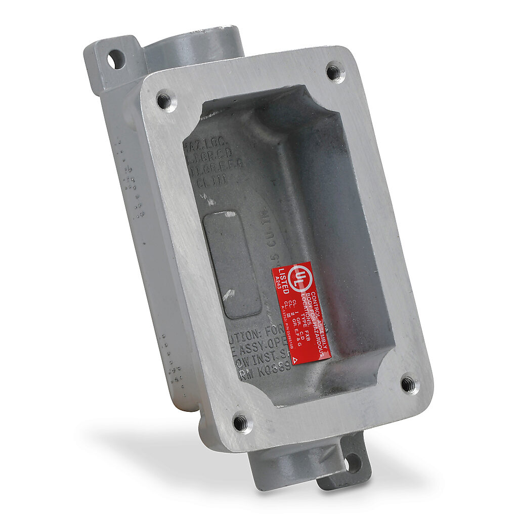 FXB-4 - Killark device/splice box, feed through, (1) gang, factory sealed, (2) 1/2in female NPT conduit entries, aluminum. Use with FXCS series factory sealed cover assemblies for hazardous locations.