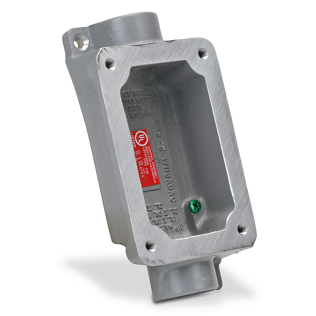 FXB-6 - Killark device/splice box, feed through, (1) gang, factory sealed, (2) 1in female NPT conduit entries, aluminum. Use with FXCS series factory sealed cover assemblies for hazardous locations.
