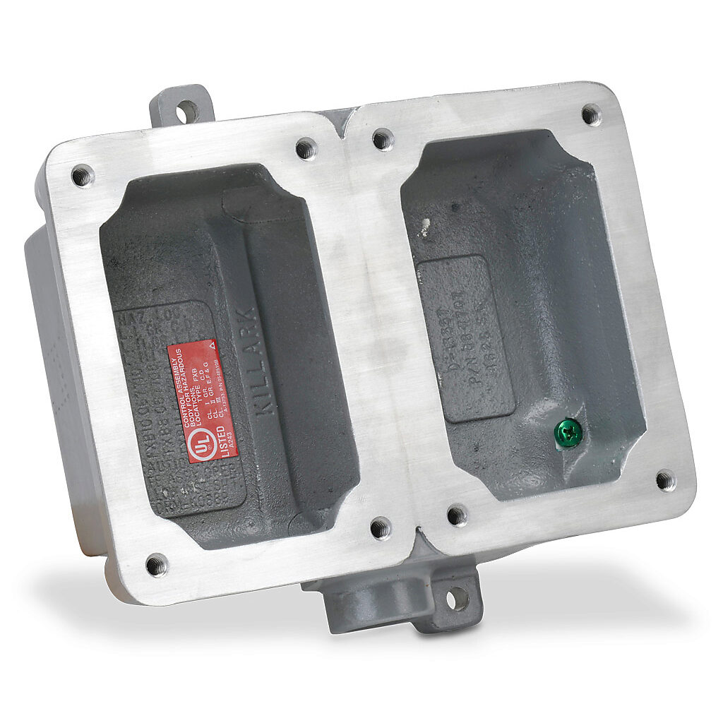 FXB-7 - Killark device/splice box, dead end, (2) gang, factory sealed, (1) 1/2in female NPT conduit entries, aluminum. Use with FXCS series factory sealed cover assemblies for hazardous locations.