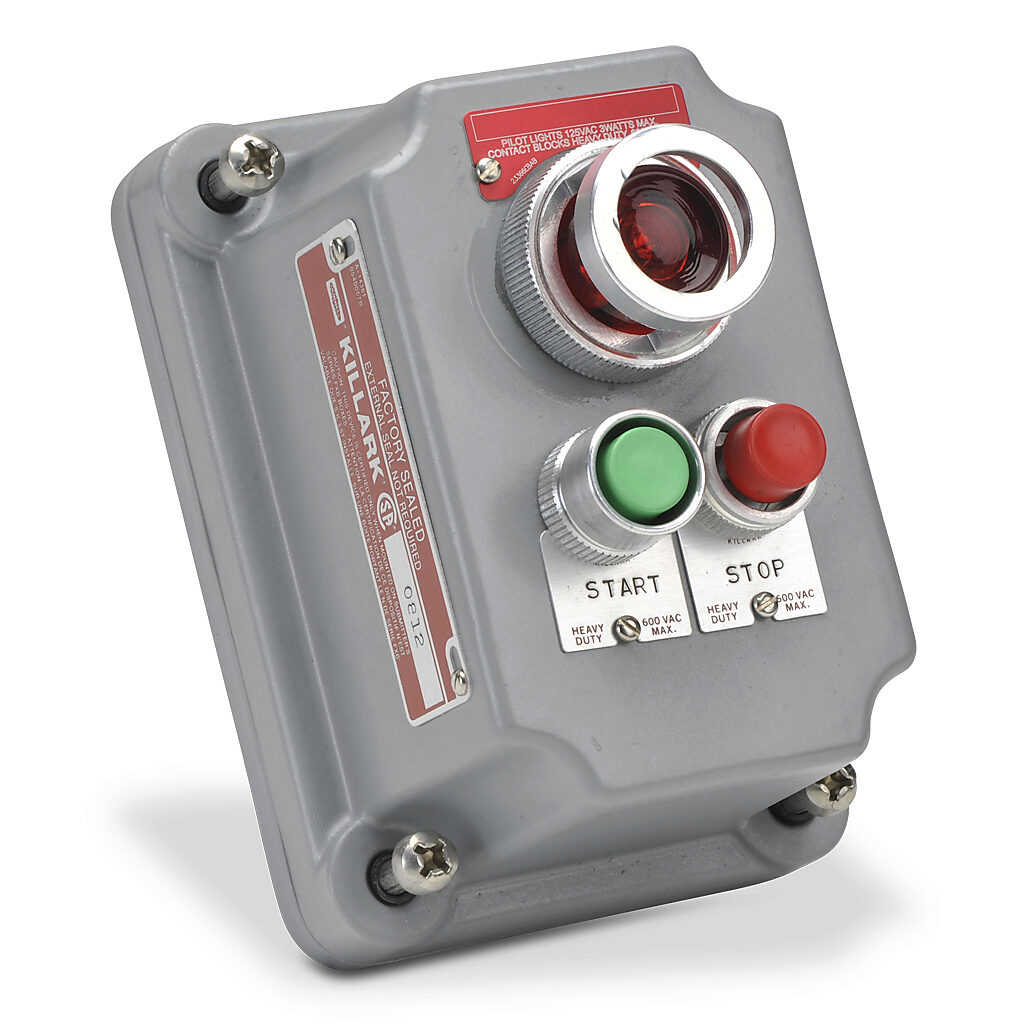 FXCS-0A15D - Killark control station cover assembly, hazardous location rated, factory sealed, single pilot light, two mini-pushbuttons, red/green, 110 VAC/VDC LED, red, momentary, (1) N.O./(1) N.C. contact(s), blank legend plate(s), legend plate ...