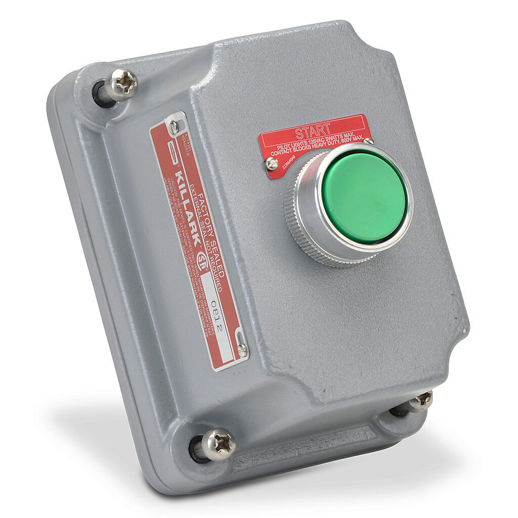 FXCS-0B1 - Killark control station cover assembly, hazardous location rated, factory sealed, (1) pushbutton, green, momentary, (1) N.O. contact(s), legend plate marking "START".