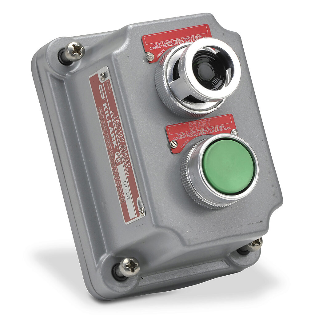 FXCS-0B13-OD - Killark control station cover assembly, hazardous location rated, factory sealed, single pilot light, single pushbutton, green, 110 VAC/VDC LED, green, momentary, (1) N.O. contact(s), blank legend plate(s), legend plate marking "STA...