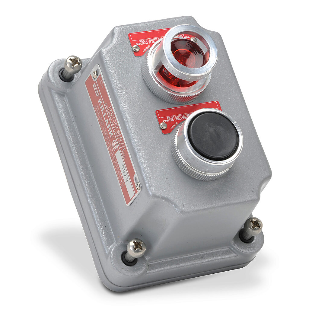 FXCS-0B13-UD - Killark control station cover assembly, hazardous location rated, factory sealed, single pilot light, single pushbutton, black, 110 VAC/VDC LED, red, momentary, (1) N.O./(1) N.C. contact(s), (2) blank legend plate(s).