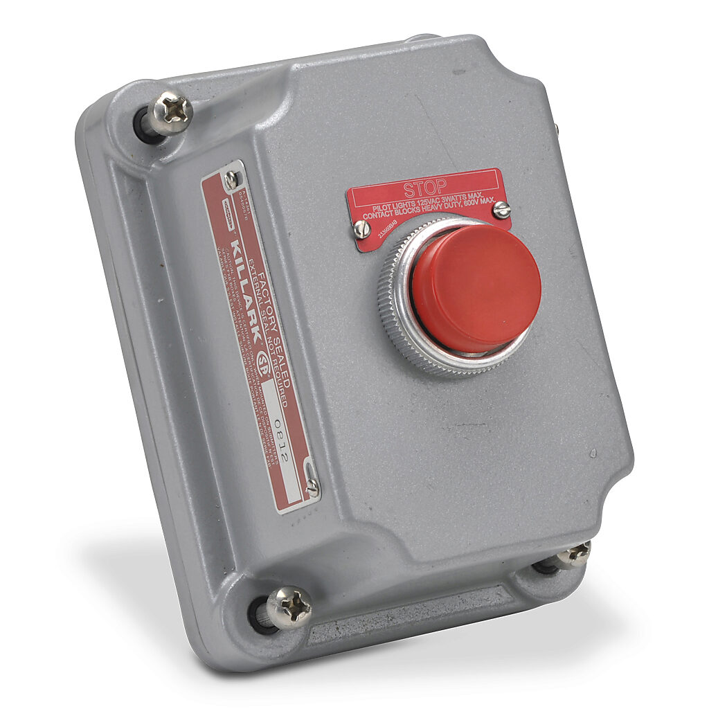 FXCS-0B2 - Killark control station cover assembly, hazardous location rated, factory sealed, (1) pushbutton, red, momentary, (1) N.C. contact(s), legend plate marking "STOP".