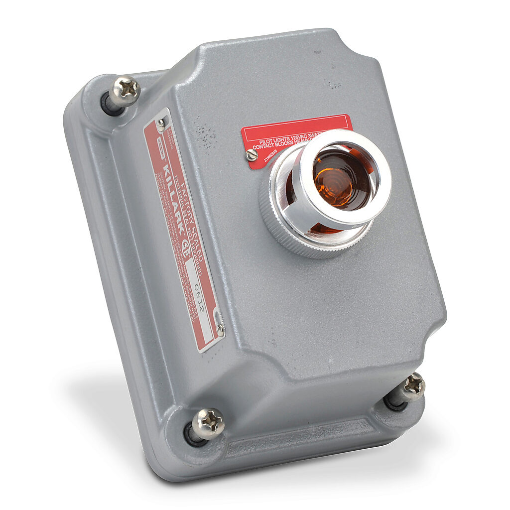 FXCS-0B24ALD - Killark control station cover assembly, hazardous location rated, factory sealed, single pilot light, indicating light, amber, 110 VAC/VDC LED, amber, operator only, blank legend plate(s).