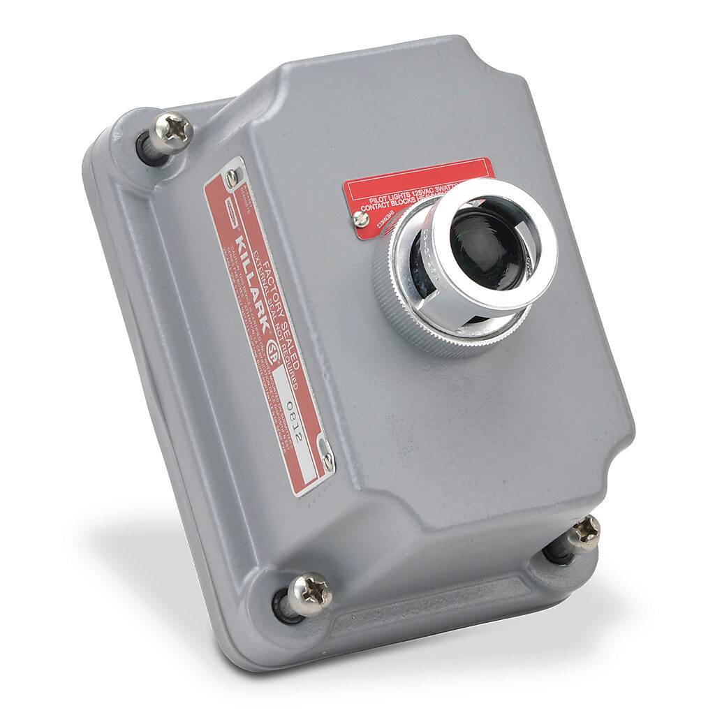 FXCS-0B24GLD - Killark control station cover assembly, hazardous location rated, factory sealed, single pilot light, indicating light, green, 110 VAC/VDC LED, green, operator only, blank legend plate(s).