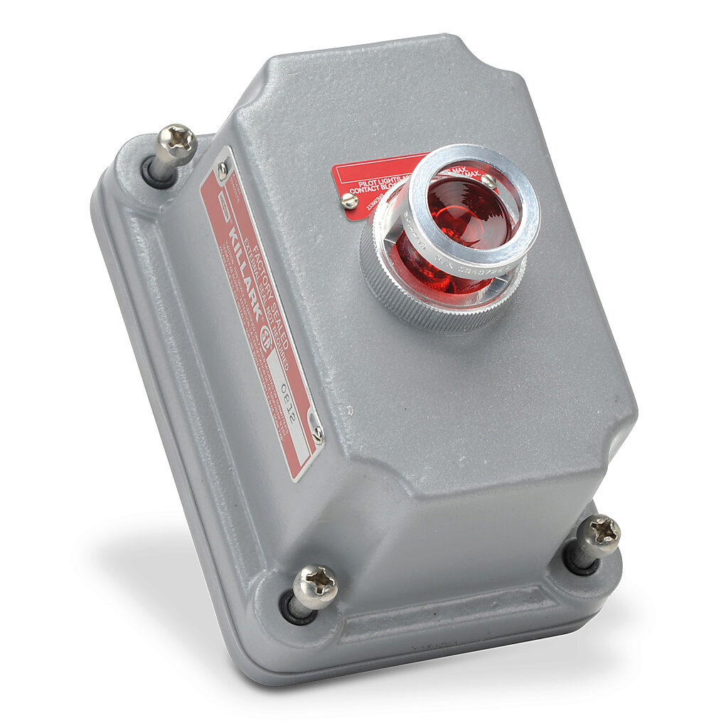 FXCS-0B24RLD - Killark control station cover assembly, hazardous location rated, factory sealed, single pilot light, indicating light, red, 110 VAC/VDC LED, red, operator only, blank legend plate(s).