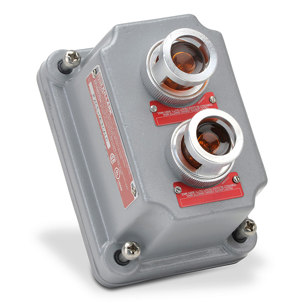 FXCS-0B30ALD - Killark control station cover assembly, hazardous location rated, factory sealed, two pilot lights, indicating light, amber/amber, 110 VAC/VDC LED, amber, operator only, (2) blank legend plate(s).