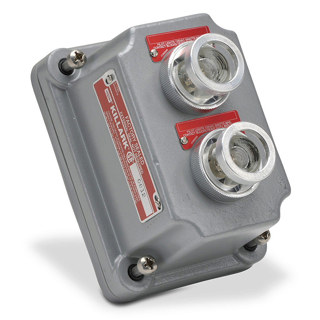 FXCS-0B30CLD - Killark control station cover assembly, hazardous location rated, factory sealed, two pilot lights, indicating light, clear/clear, 110 VAC/VDC LED, clear/white, operator only, (2) blank legend plate(s).