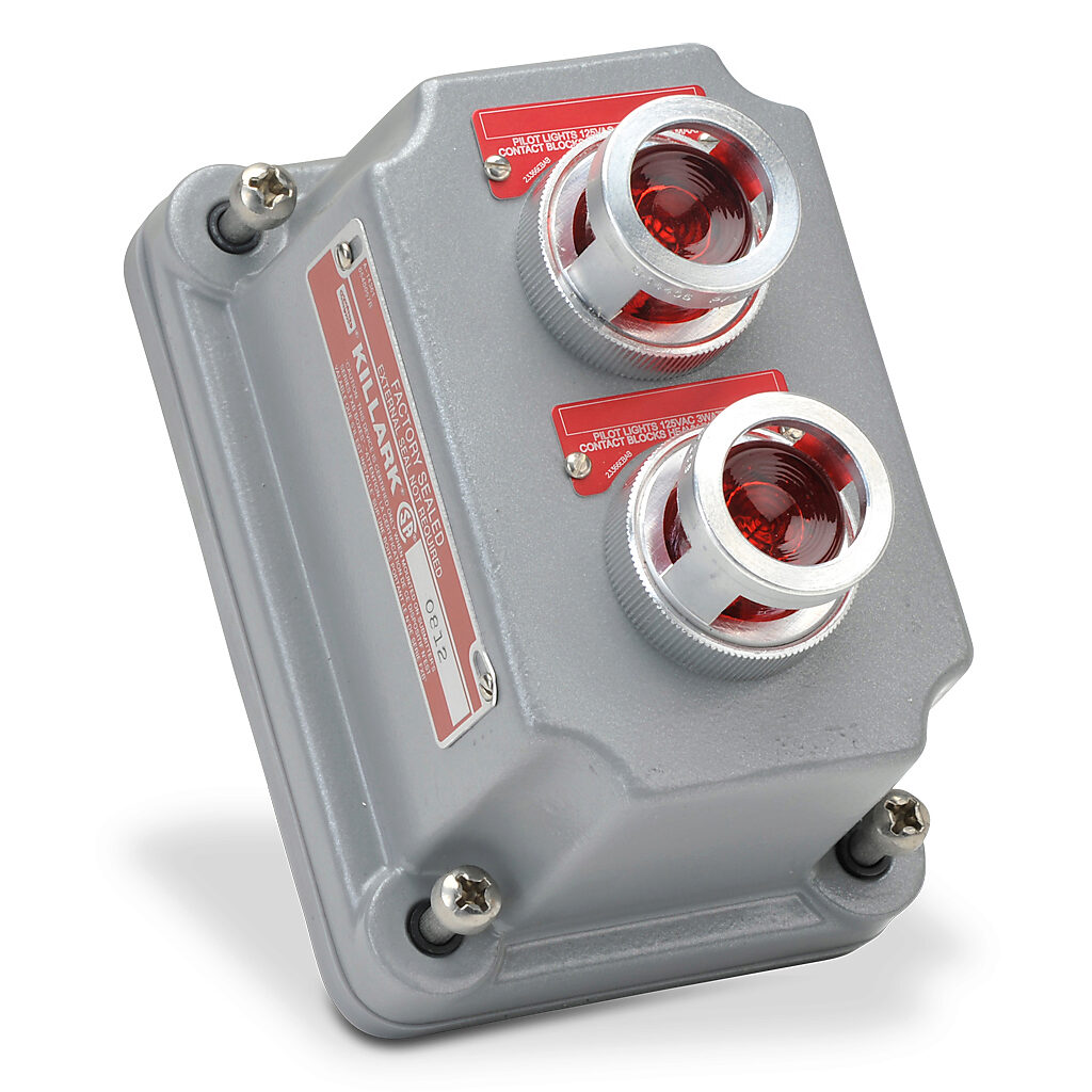 FXCS-0B30RLD - Killark control station cover assembly, hazardous location rated, factory sealed, two pilot lights, indicating light, red/red, 110 VAC/VDC LED, red, operator only, (2) blank legend plate(s).