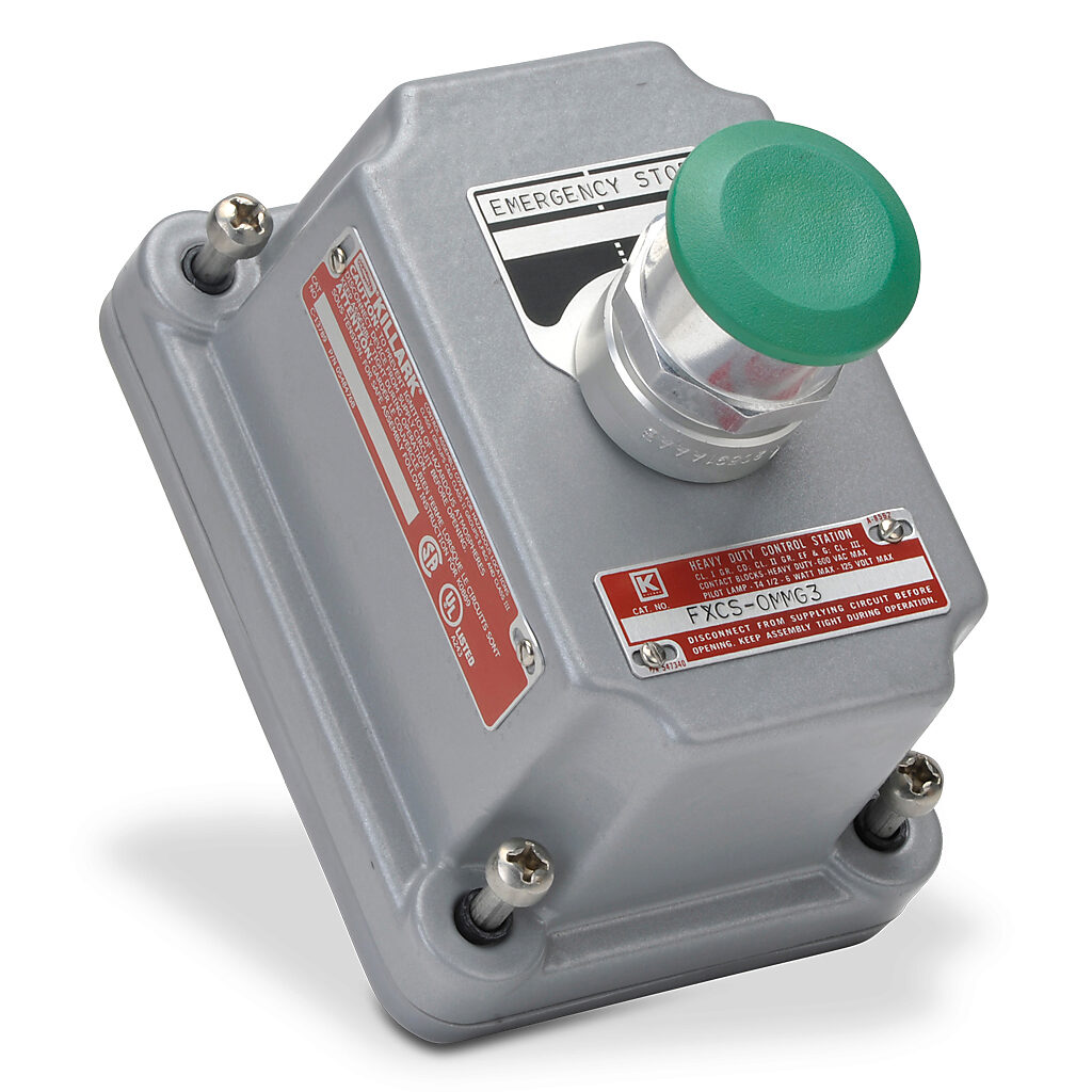 FXCS-0MMG3 - Killark control station cover assembly, hazardous location rated, factory sealed, (1) pushbutton, mushroom, green, push-pull, (1) N.O./(1) N.C. contact(s), (3) two-sided legend plate(s), legend plate marking "START, STOP / EMERGENCY S...