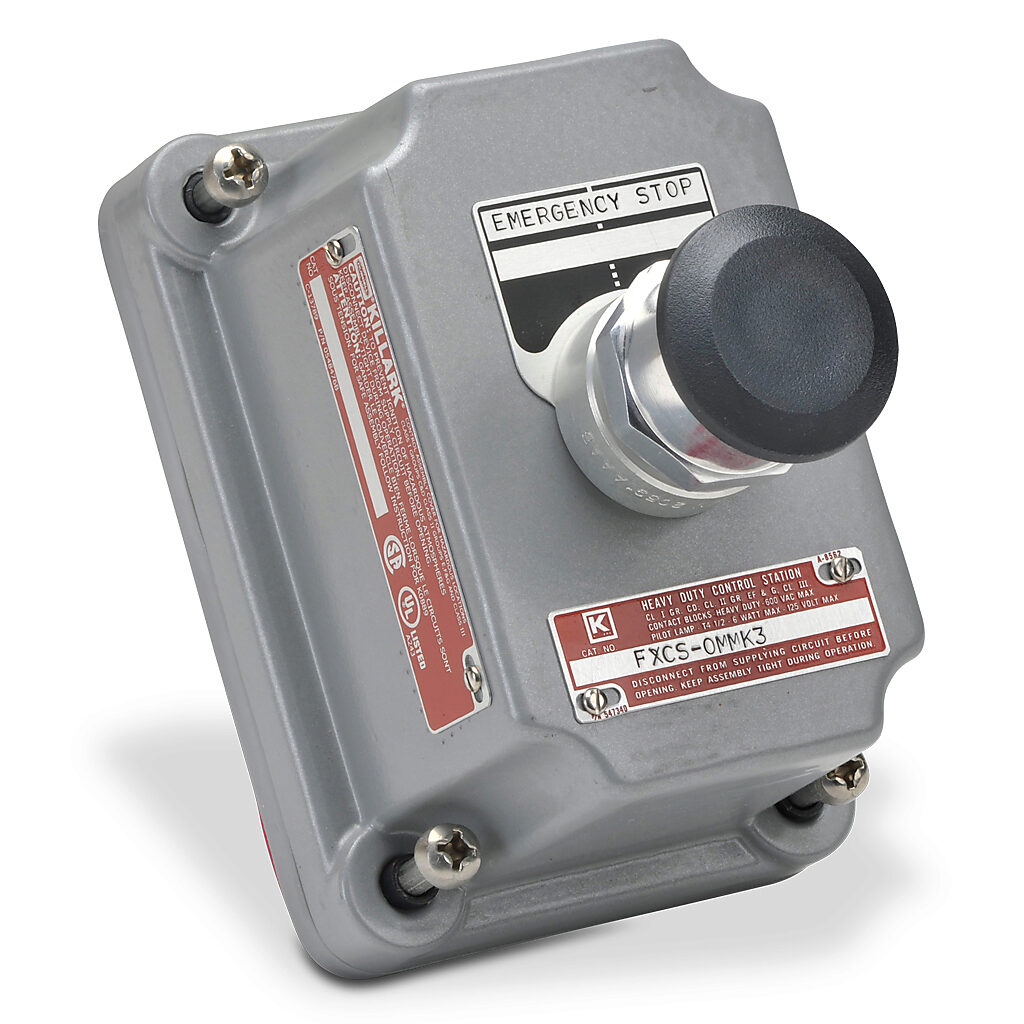 FXCS-0MMK3 - Killark control station cover assembly, hazardous location rated, factory sealed, (1) pushbutton, mushroom, black, push-pull, (1) N.O./(1) N.C. contact(s), legend plate marking "START, STOP / EMERGENCY STOP, RESET / blank, RESET".
