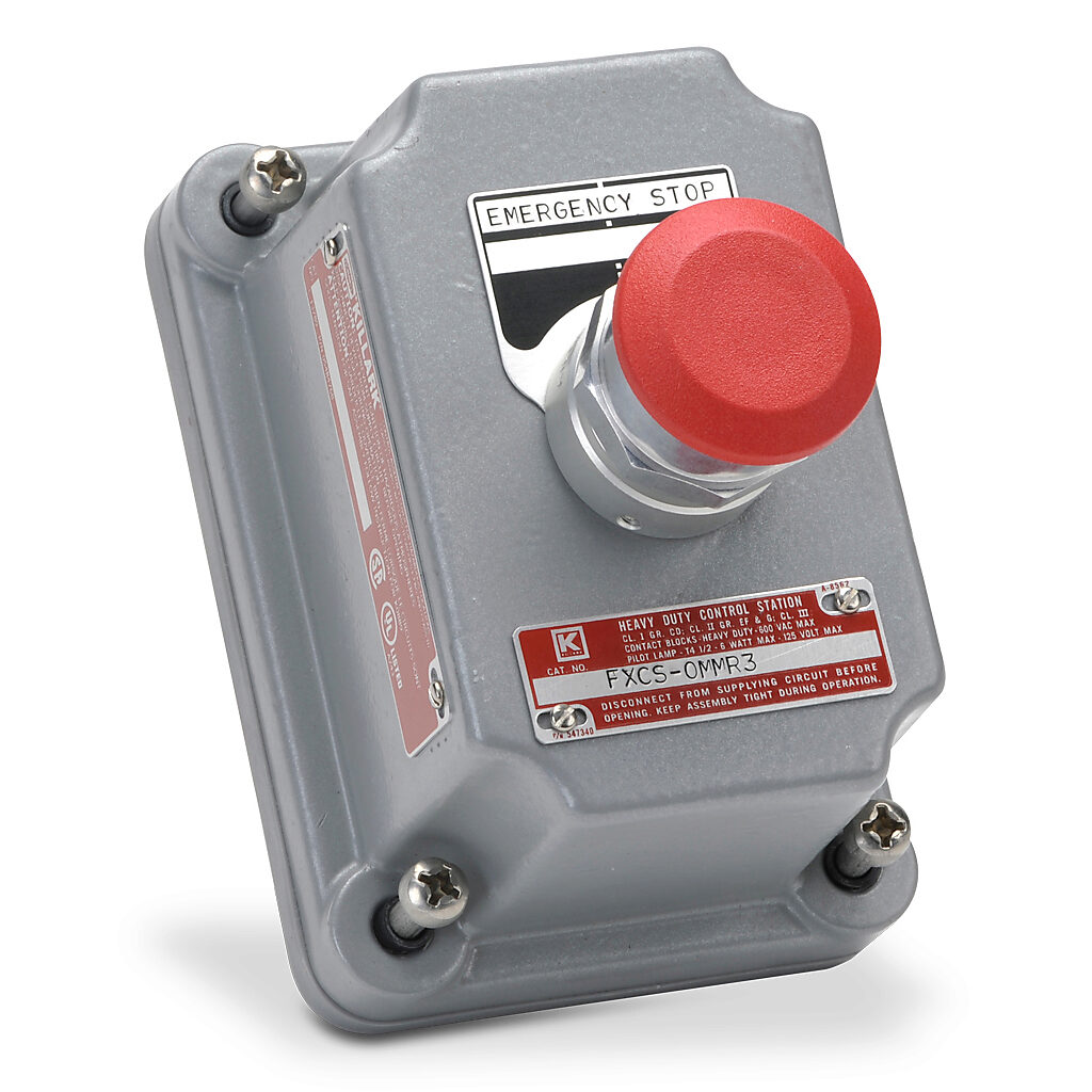 FXCS-0MMR3 - Killark control station cover assembly, hazardous location rated, factory sealed, (1) pushbutton, mushroom, red, push-pull, (1) N.O./(1) N.C. contact(s), (3) two-sided legend plate(s), legend plate marking "START, STOP / EMERGENCY STO...