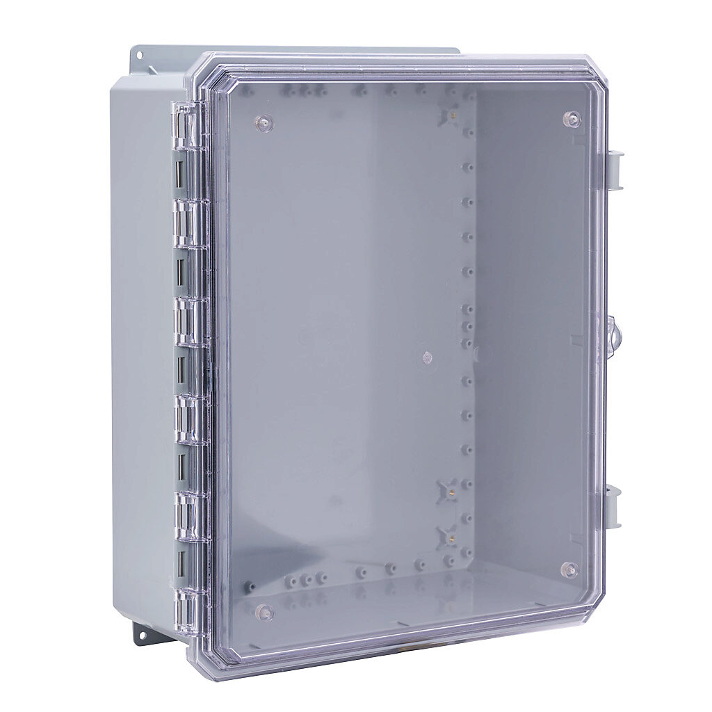 G201608CE-P10 - Integra Genesis series enclosure, NEMA 1/2/3/3R/3S/4/4X/5/6/6P/12/13, 20 x 16 x 8in (HxWxD), wall mount, polycarbonate, gray, gloss finish, clear polycarbonate single-door, glass-filled nylon quick-release latch, padlock hasp and s...