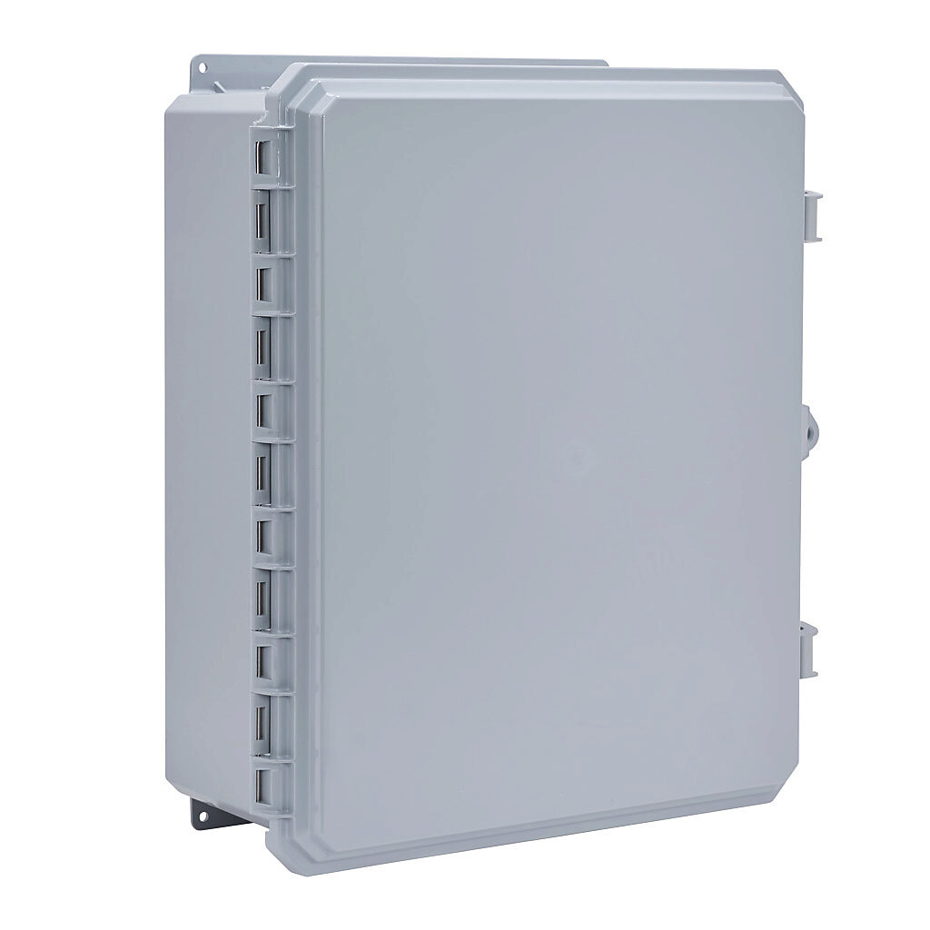 G201608E-P10 - Integra Genesis series enclosure, NEMA 1/2/3/3R/3S/4/4X/5/6/6P/12/13, 20 x 16 x 8in (HxWxD), wall mount, polycarbonate, gray, gloss finish, single-door, glass-filled nylon quick-release latch, padlock hasp and staple, integral mount...