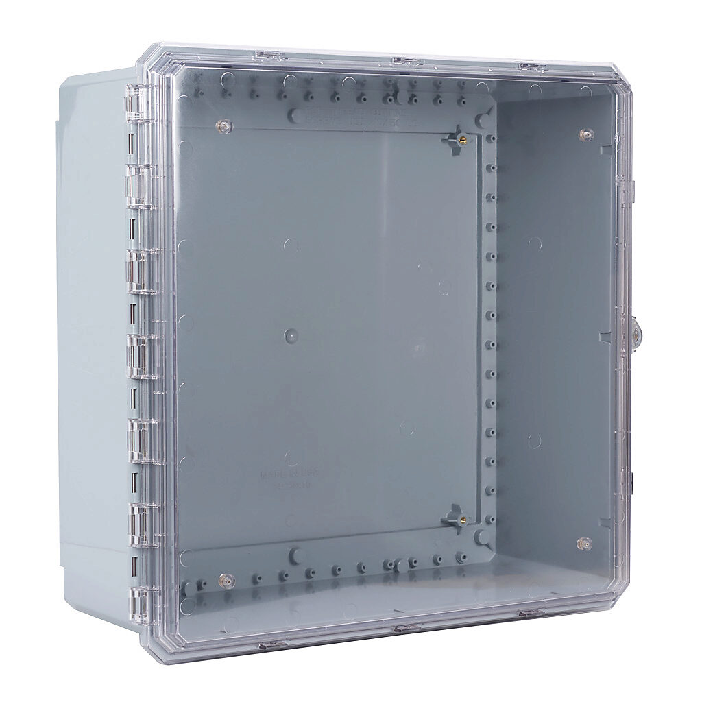 G242410CE-P10 - Integra Genesis series enclosure, NEMA 1/2/3/3R/3S/4/4X/5/6/6P/12/13, 24 x 24 x 10in (HxWxD), wall mount, polycarbonate, gray, gloss finish, clear polycarbonate single-door, glass-filled nylon quick-release latch, padlock hasp and ...