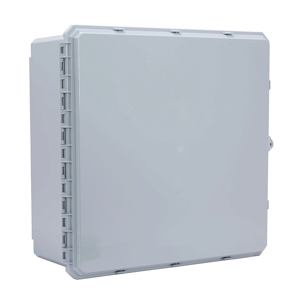 G242410E-P10 - Integra Genesis series enclosure, NEMA 1/2/3/3R/3S/4/4X/5/6/6P/12/13, 24 x 24 x 10in (HxWxD), wall mount, polycarbonate, gray, gloss finish, single-door, glass-filled nylon quick-release latch, padlock hasp and staple.