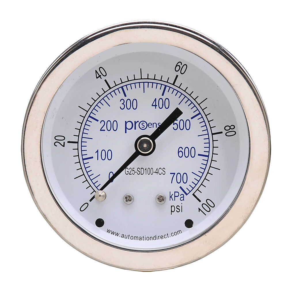 G25-SD100-4CS - ProSense mechanical pressure gauge, 2.5in diameter, 0 to 100 psig/0 to 700 kPa, stainless steel dry case, stainless steel wetted parts, 1/4in male NPT process connection, center back mount.