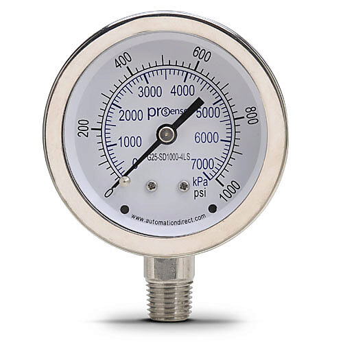 G25-SD1000-4LS - ProSense mechanical pressure gauge, 2.5in diameter, 0 to 1000 psig/0 to 7000 kPa, stainless steel dry case, stainless steel wetted parts, 1/4in male NPT process connection, lower mount.