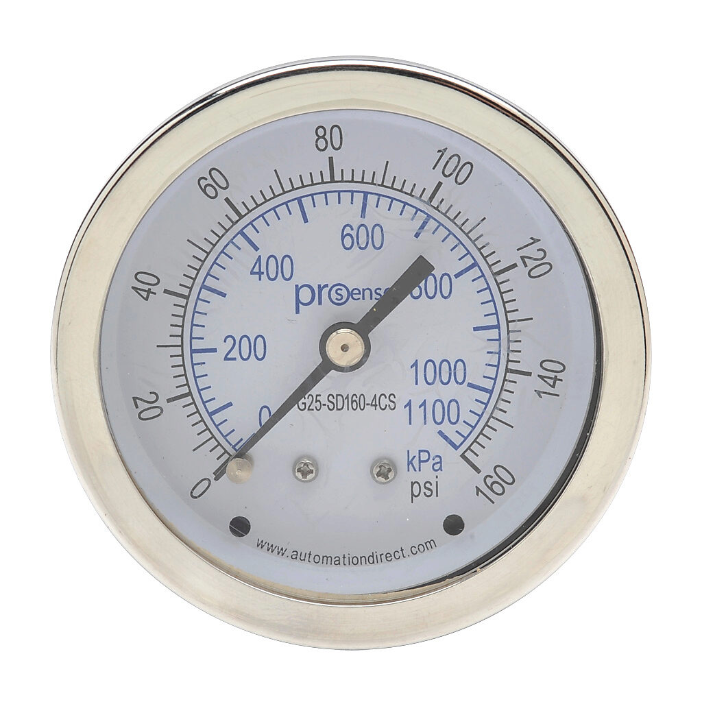 G25-SD160-4CS - ProSense mechanical pressure gauge, 2.5in diameter, 0 to 160 psig/0 to 1100 kPa, stainless steel dry case, stainless steel wetted parts, 1/4in male NPT process connection, center back mount.