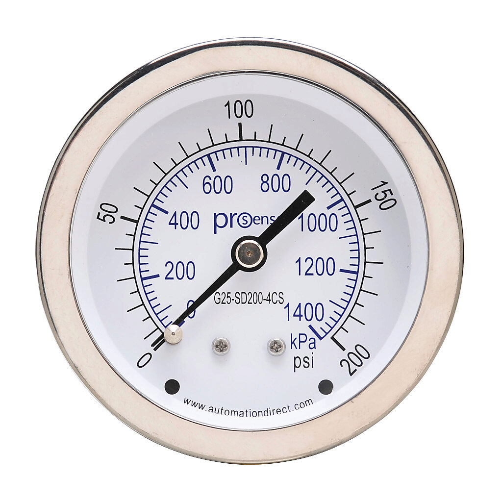 G25-SD200-4CS - ProSense mechanical pressure gauge, 2.5in diameter, 0 to 200 psig/0 to 1400 kPa, stainless steel dry case, stainless steel wetted parts, 1/4in male NPT process connection, center back mount.