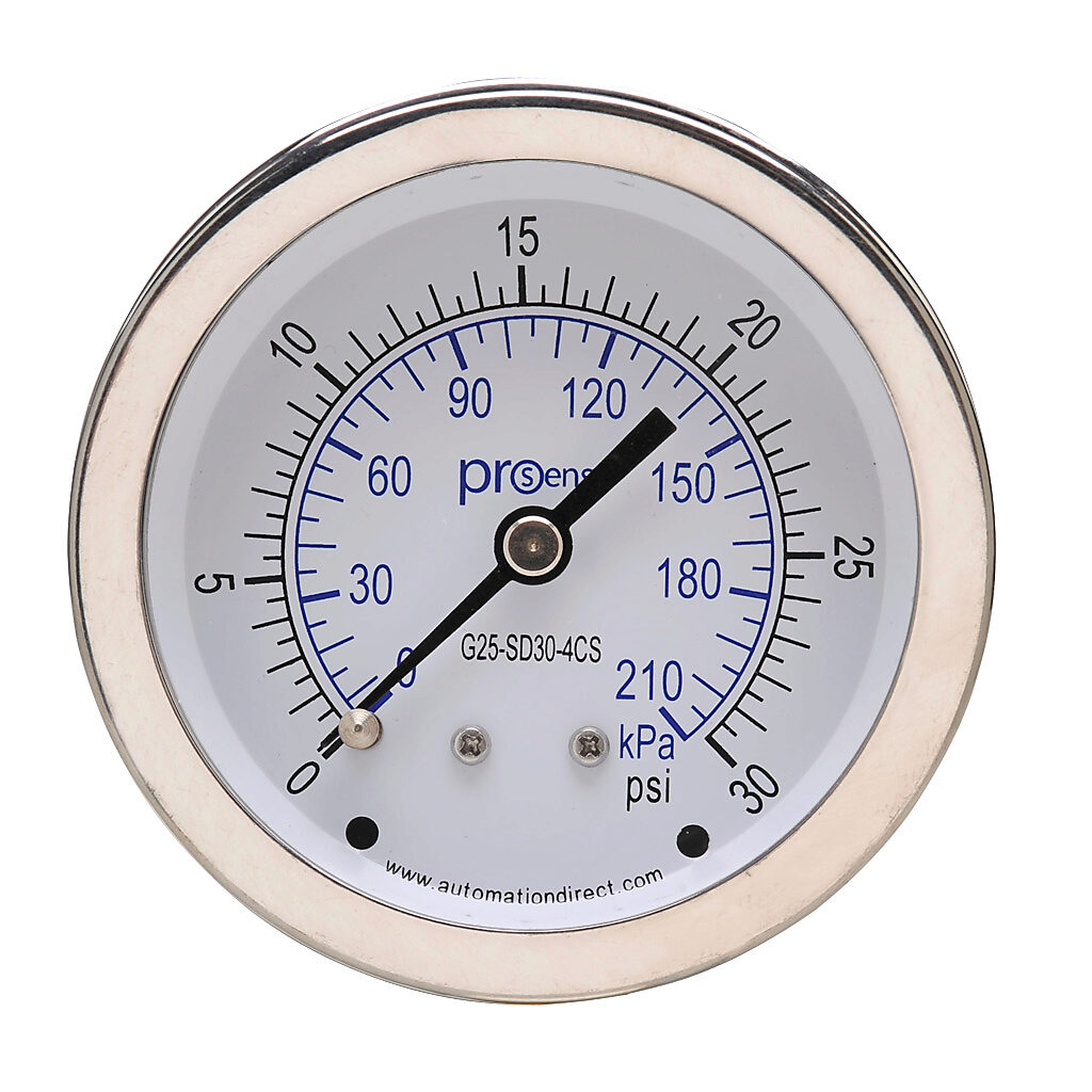 G25-SD30-4CS - ProSense mechanical pressure gauge, 2.5in diameter, 0 to 30 psig/0 to 210 kPa, stainless steel dry case, stainless steel wetted parts, 1/4in male NPT process connection, center back mount.