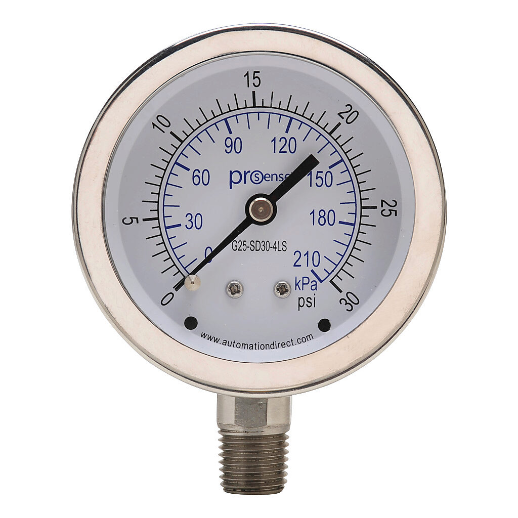 G25-SD30-4LS - ProSense mechanical pressure gauge, 2.5in diameter, 0 to 30 psig/0 to 210 kPa, stainless steel dry case, stainless steel wetted parts, 1/4in male NPT process connection, lower mount.